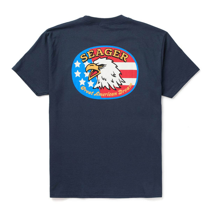 Seager Great American Dream Tee a navy t shirt with an eagle logo with a flag background in a circle at boltranchstore.com