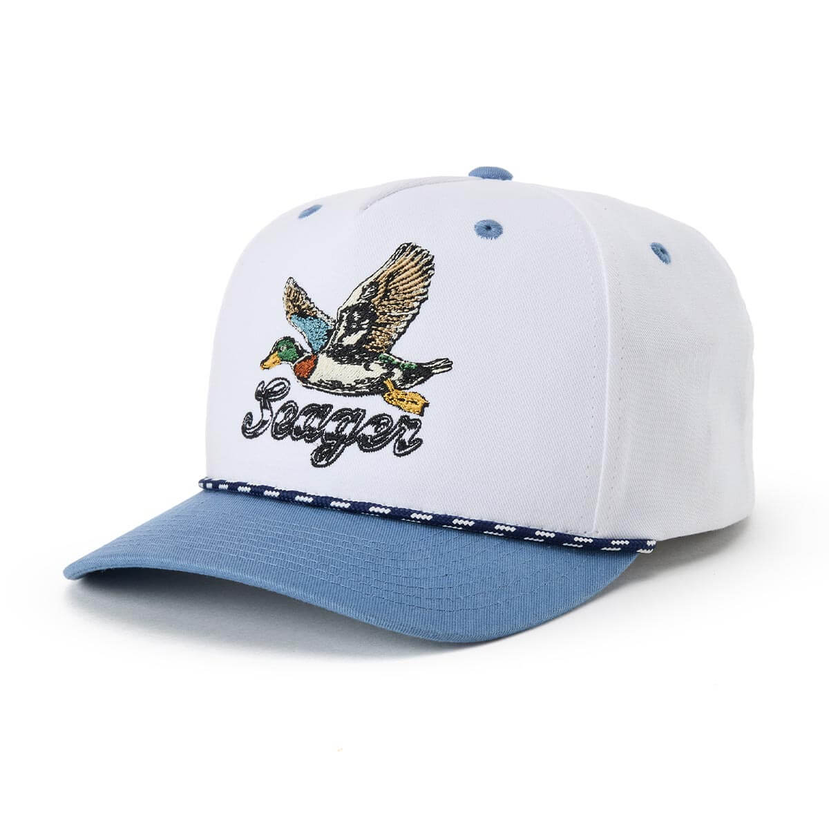Western clothing mens western clothing Utah Greenhead Snapback White Blue SKU MHSU26GHEDWHT Bolt ranch store free shipping Seager Greenhead Snapback White And Blue white hat with colorful mallard duck seager hat 
