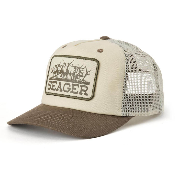 Seager Herd Trucker Cream Woodland Hat a snapback hat with cream front woodland brim and herd of longhorns on the front at boltranchstore.com