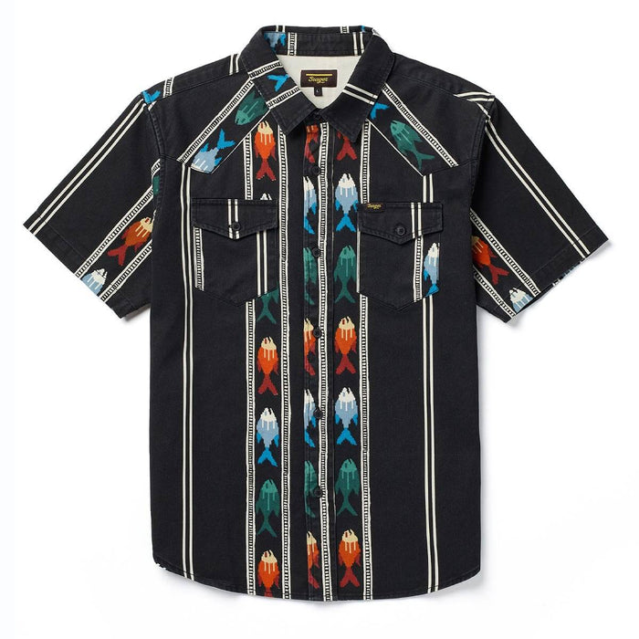 Seager Mens Amarillo Shirt Upstream Black at boltranchstore.com free shipping in stock  short-sleeve button-up shirt with a black base and vertical panels of colorful fish motifs in red, orange, teal, and blue, bordered by white stripes. It features two chest pockets 