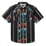 Seager Mens Amarillo Shirt Upstream Black at boltranchstore.com free shipping in stock  short-sleeve button-up shirt with a black base and vertical panels of colorful fish motifs in red, orange, teal, and blue, bordered by white stripes. It features two chest pockets 