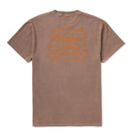  Seager Mens Badge Premium Tee AT BOLTRANCHSTORE.COM with free shipping in stock A brown short-sleeve t-shirt shown from the back, featuring a distressed orange graphic print of the 'Sager Western Wear' logo centered on the upper back.