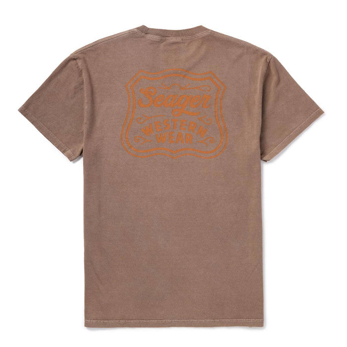  Seager Mens Badge Premium Tee AT BOLTRANCHSTORE.COM with free shipping in stock A brown short-sleeve t-shirt shown from the back, featuring a distressed orange graphic print of the 'Sager Western Wear' logo centered on the upper back.