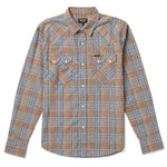 Seager Mens LS Sawtoof Shirt Seager men's long-sleeve Western shirt in a brown, tan, and blue plaid pattern. Features a pointed collar, pearl snap-front closure, Western shoulder yokes, and two snap-flap chest pockets with matching plaid alignment available at boltranchstore.com