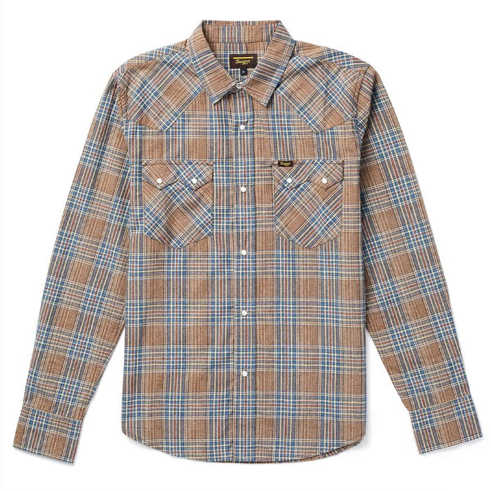 Seager Mens LS Sawtoof Shirt Seager men's long-sleeve Western shirt in a brown, tan, and blue plaid pattern. Features a pointed collar, pearl snap-front closure, Western shoulder yokes, and two snap-flap chest pockets with matching plaid alignment available at boltranchstore.com