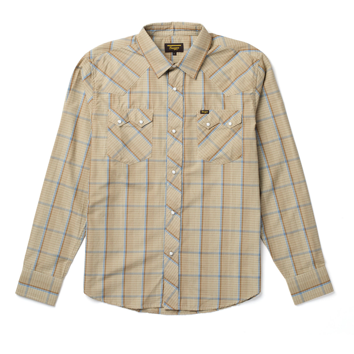 Seager Mens Sawtoof Shirt a snap shirt with two yoke  front snap down pockets, khaki plaid shirt with collar at boltranchstore.com
