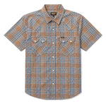 Seager men's short-sleeve Western shirt in a brown and blue plaid pattern. Features a pointed collar, pearl snap-front closure, Western-style front and back yokes, and two snap-flap chest pockets available at boltranchstore.com