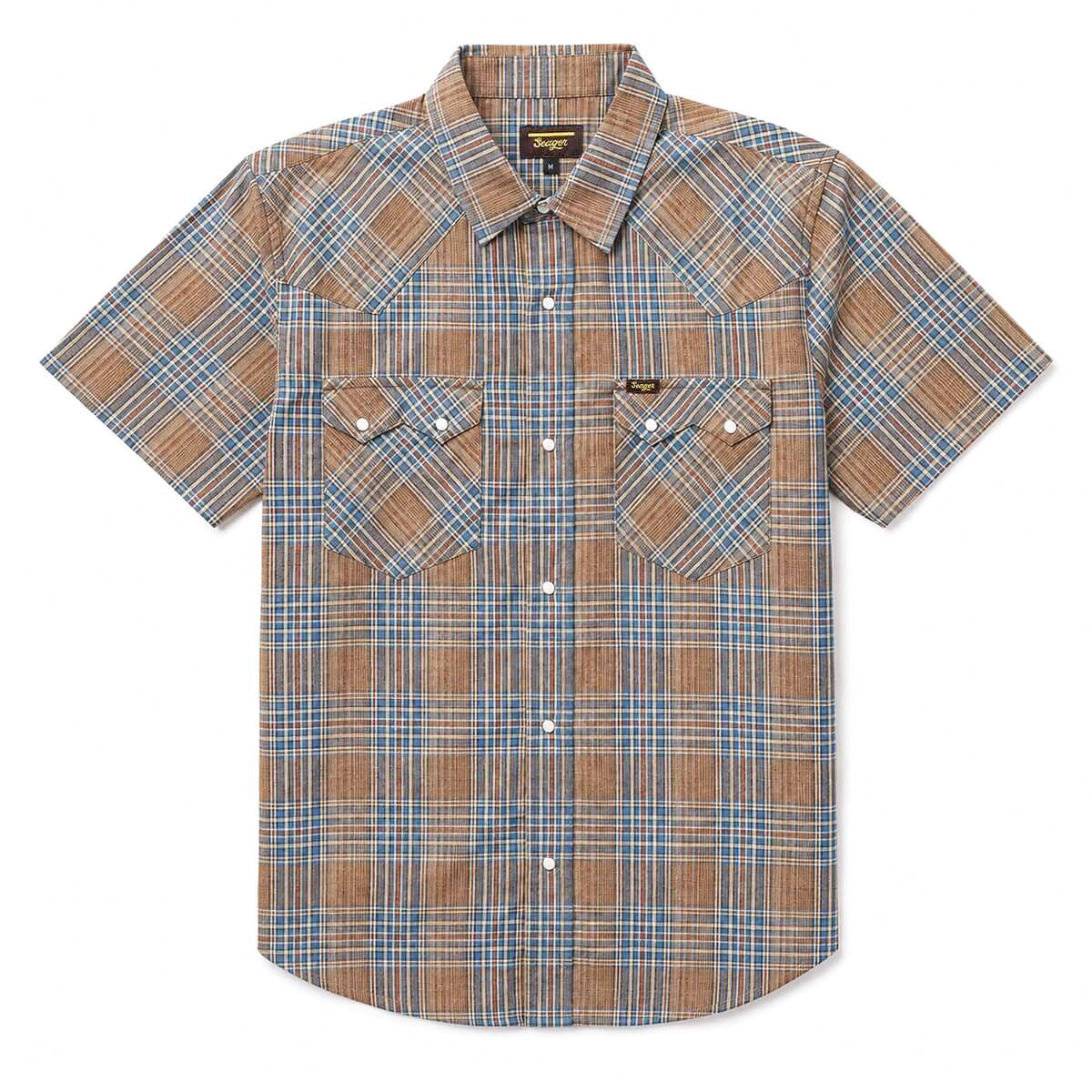 Seager men's short-sleeve Western shirt in a brown and blue plaid pattern. Features a pointed collar, pearl snap-front closure, Western-style front and back yokes, and two snap-flap chest pockets available at boltranchstore.com
