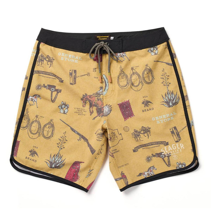 Seager Microdose Scallop Bronze Boardshort with western print through out black edging and at boltranchstore.com
