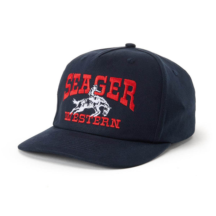 Seager Rodeo Snapback Navy Hat a navy embroidered hat with seager western and a cowboy on a horse at boltranchstore.com