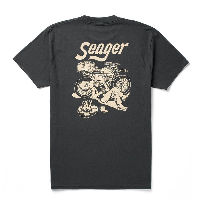 Seager Romero Tee with a motorcycle cowboy on the back camping at boltranchstore.com