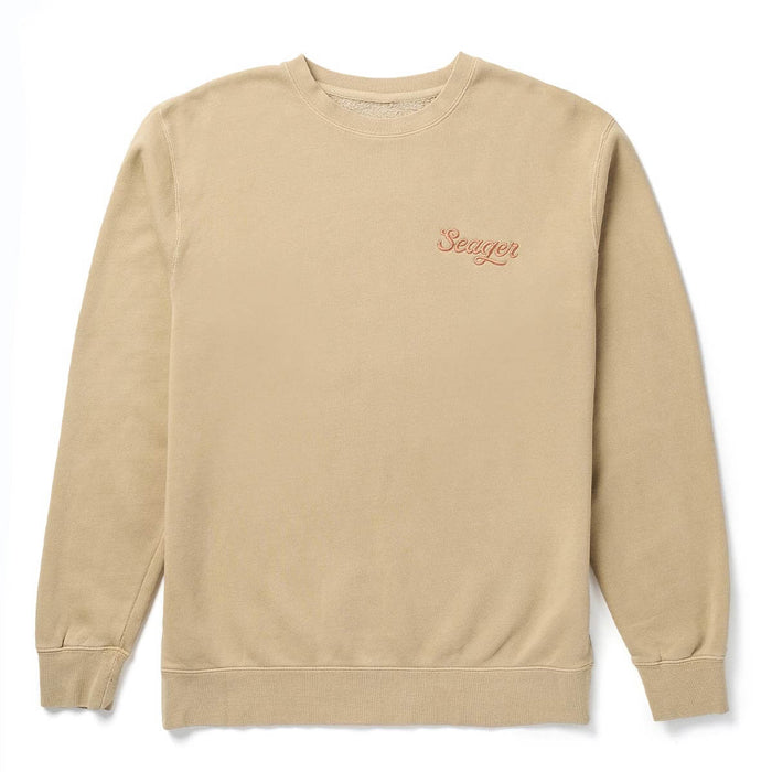 Seager Russ Embroidered Premium Crew AT BOLTRANCHSTORE.COM free shipping in stockA beige crewneck sweatshirt with the brand name 'Seeger' embroidered in a cursive rose-gold tone on the left chest, displayed against a clean white background.