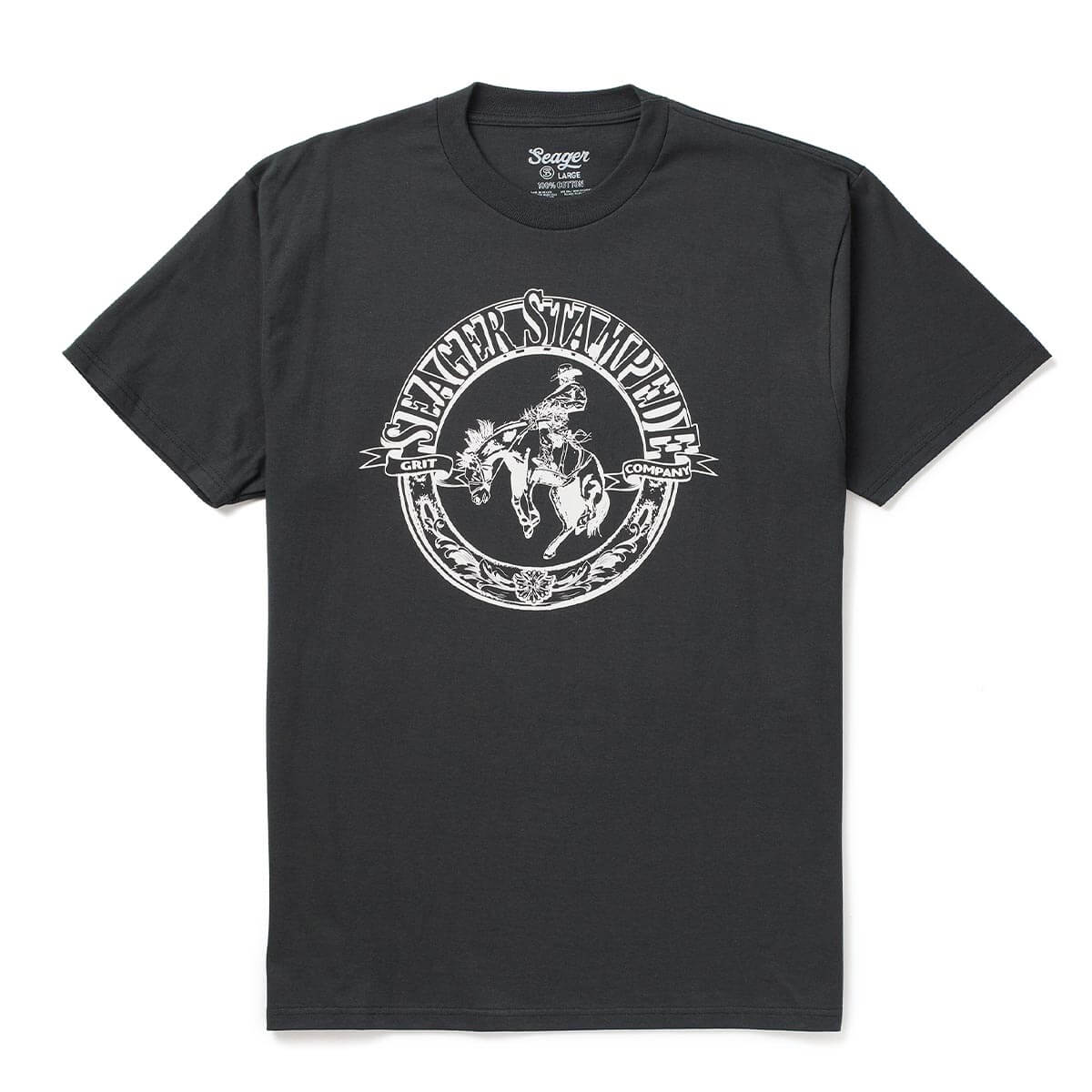 Seager Stampede Vintage Black Tee with a water based logo printed on the front middle at boltranchstore.com