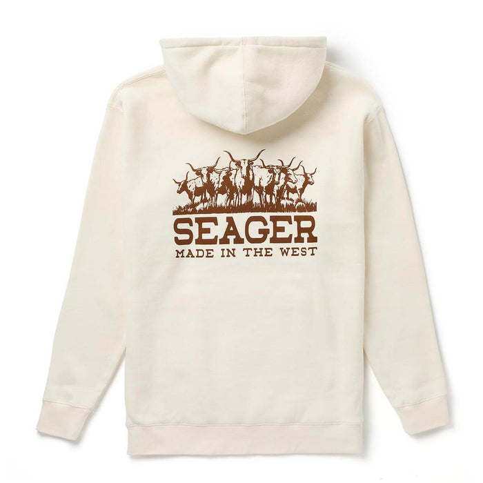 Seager The Herd Hoodie in a bone color with the herd of cows graphics in seager made in the west with a kangaroo pouch at boltranchstore.com
