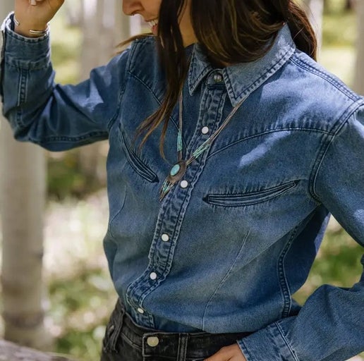 Sendero The Yoakam Pearl Snap Womens Shirt Ballerina Farm at Boltranchstore.com free shipping instock western cowgirl denim