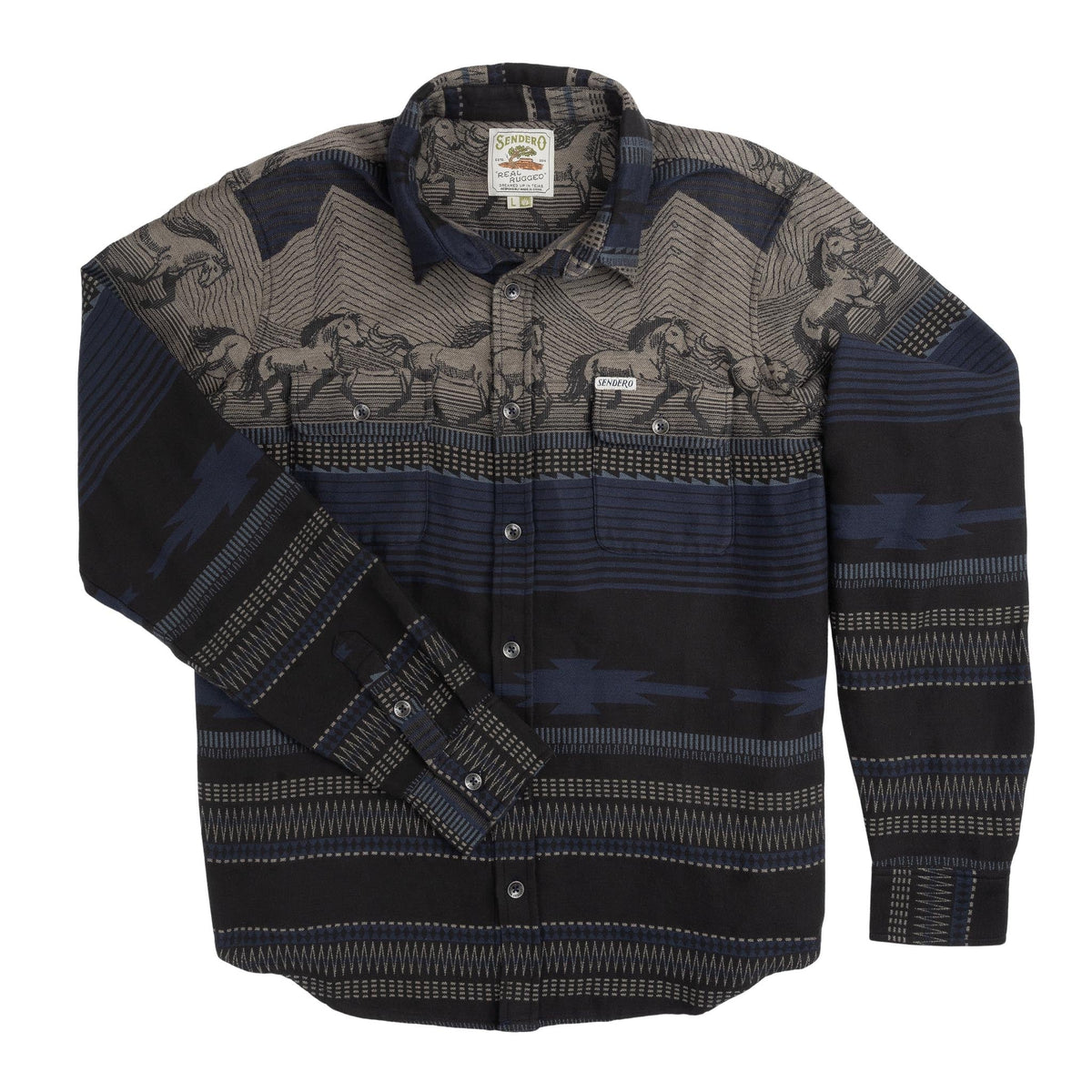 A long-sleeve western-style button-up shirt featuring a dark navy and gray patterned design with horse motifs across the chest and horizontal striped details Sendero Mens Boquillas Teton Shirt in Stripe Charcoal Bolt Ranch Store