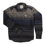 A long-sleeve western-style button-up shirt featuring a dark navy and gray patterned design with horse motifs across the chest and horizontal striped details Sendero Mens Boquillas Teton Shirt in Stripe Charcoal Bolt Ranch Store