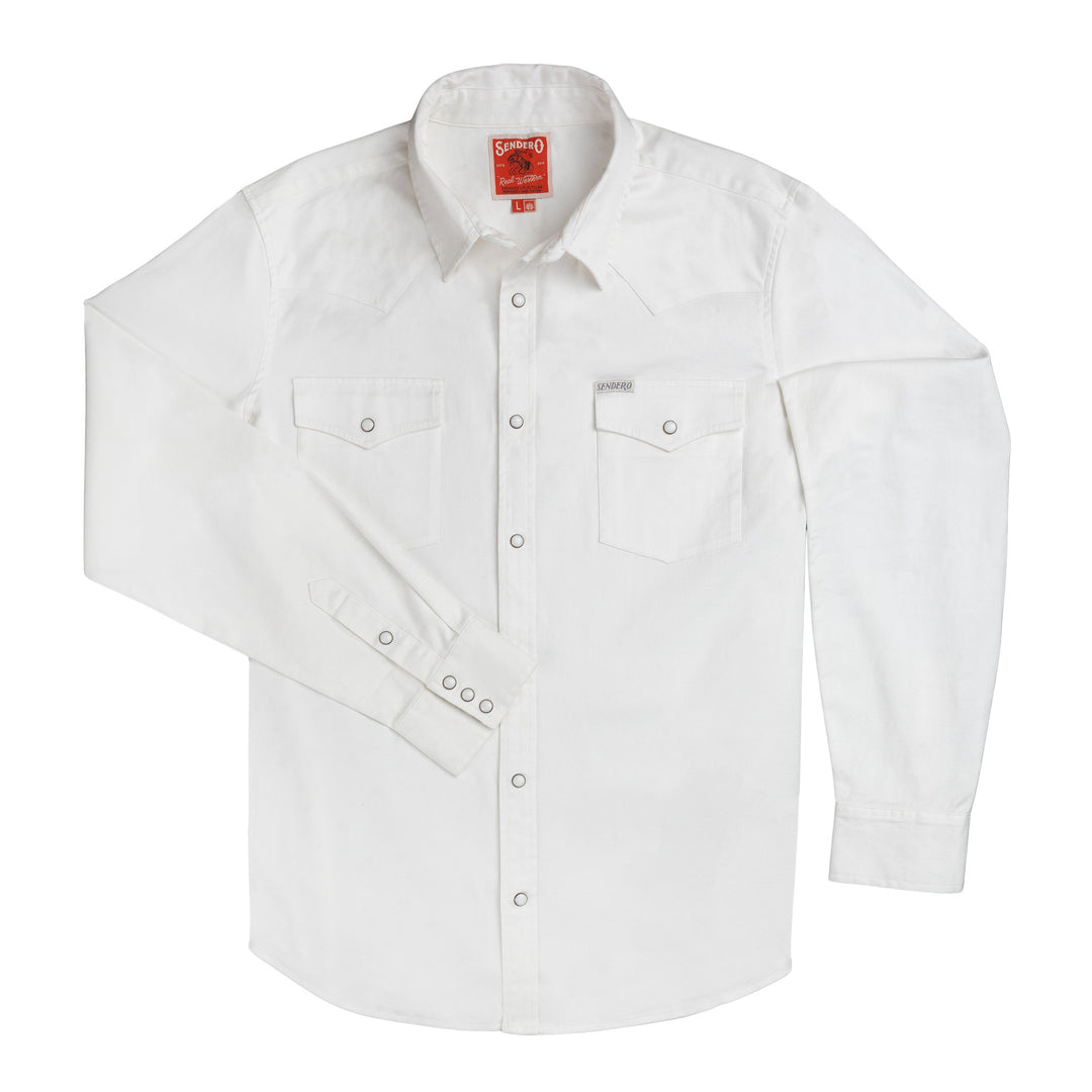 Sendero Mens Wyatt Pearl Snap Solid Shirt at boltranchstore.com in stock free shipping A white long-sleeve button-up shirt with two buttoned chest pockets, 