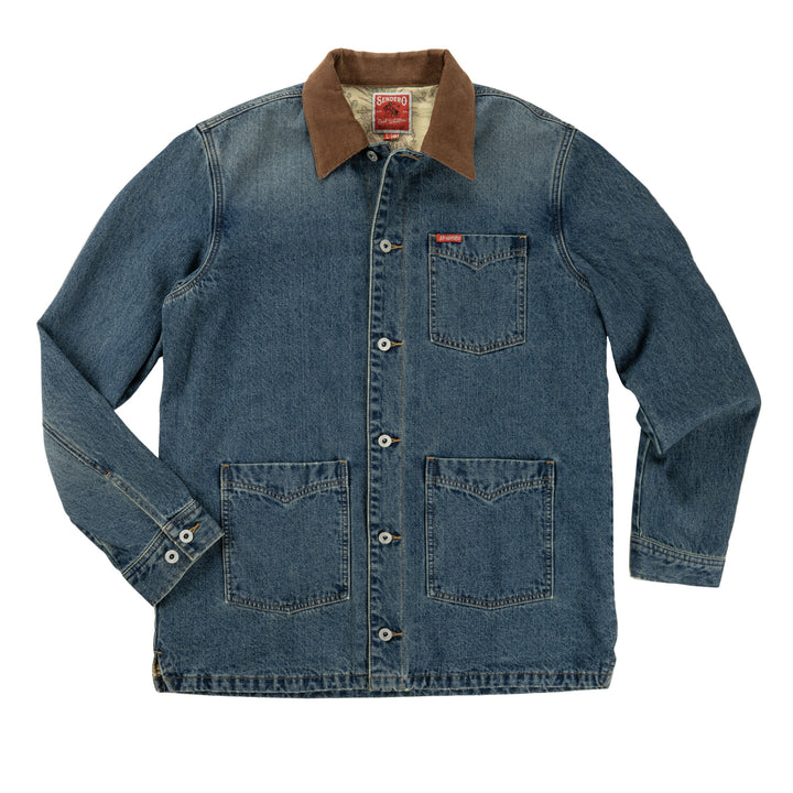 Sendero Men's Western Rustler Chore Jacket in denim with a contrasting brown collar, showcasing a classic and stylish design available at boltranchstore.com.