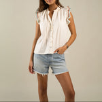 Sendero The Paloma Blouse Vintage White at boltranchstore.com Woman wearing a white sleeveless blouse with colorful sleeves Perl snap button down 4th of july shirt free shipping 