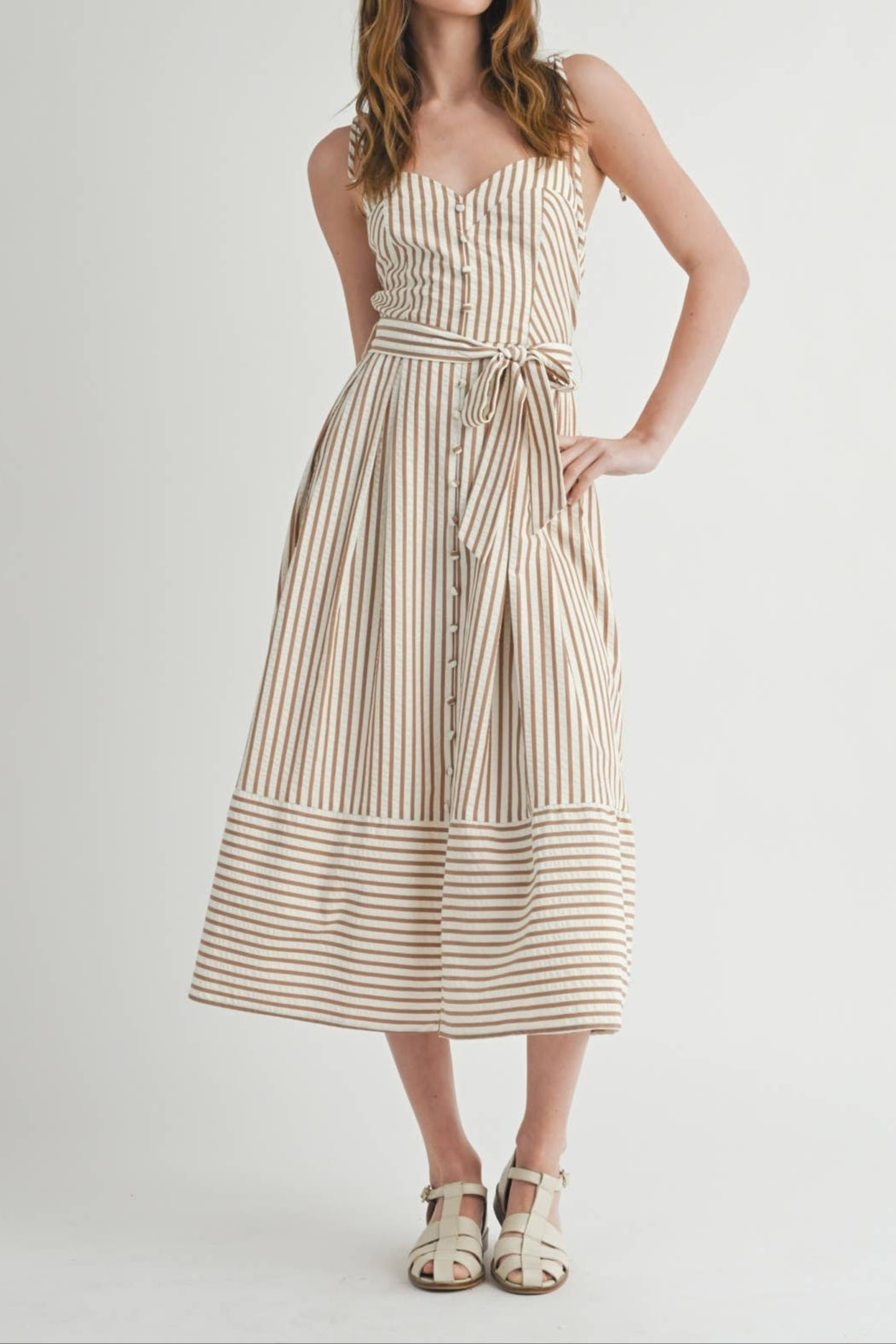 Shannon striped sundress womens sleeveless buttondown brown and cream stripes casual summer dress free shipping at Boltranchstore.com