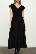 Sharon V Neck Ruffle Midi Dress order at boltranchstore.com available in ivory or black.