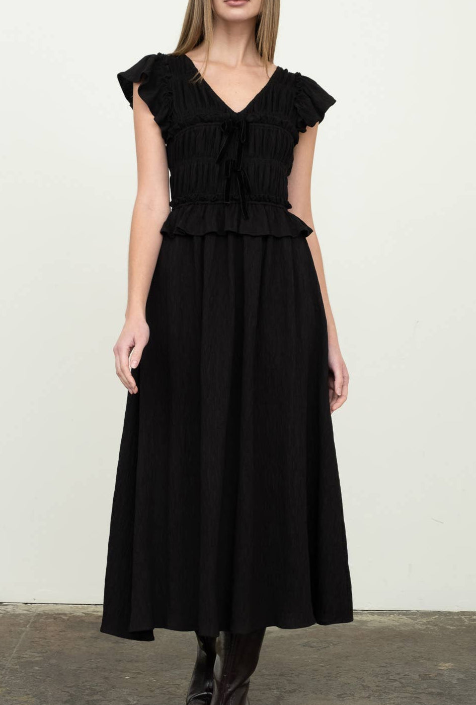 Sharon V Neck Ruffle Midi Dress order at boltranchstore.com available in ivory or black.