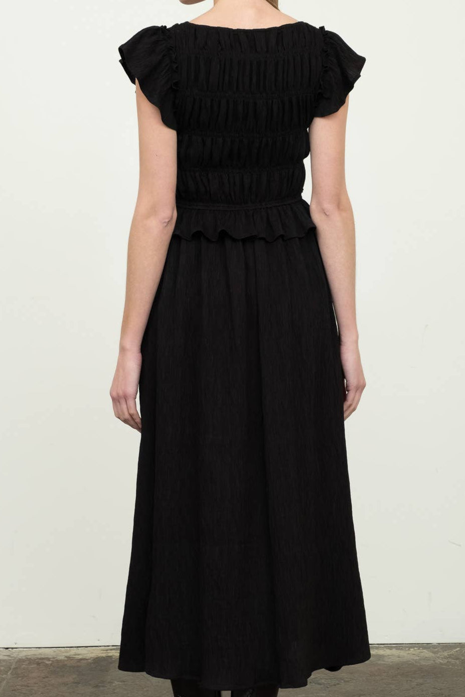 Sharon V Neck Ruffle Midi Dress black back