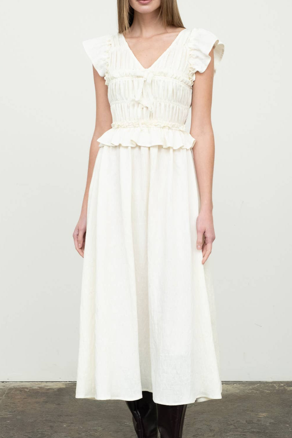 Sharon V Neck Ruffle Midi Dress at boltranchstore.com in ivory and black.