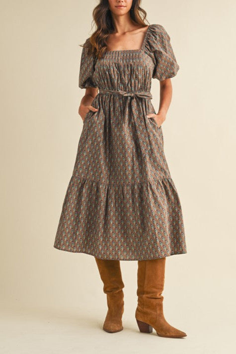 Shay Floral Pin Tuck Dress womens brown   midi dress at Boltranchstore.com Free shipping fall 2025
