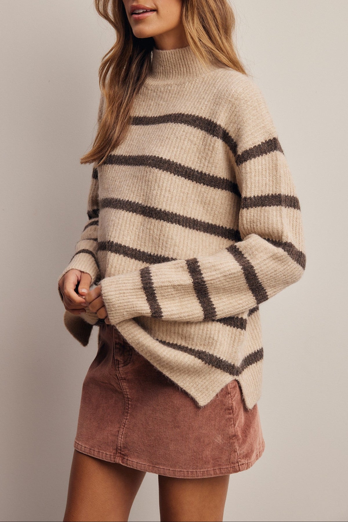 Shelly Sweater womens striped mock neck sweater in a soft tan with brown stripes sold locally and online at Bolt Ranch Store in Utah near Ballerina Farms