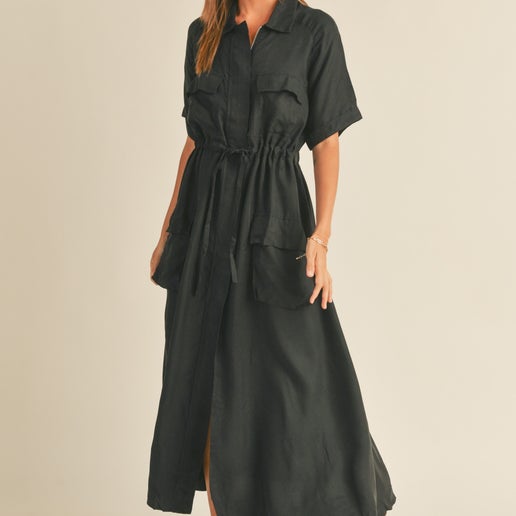 Short Sleeve Viscose Front Pocket Dress - Black