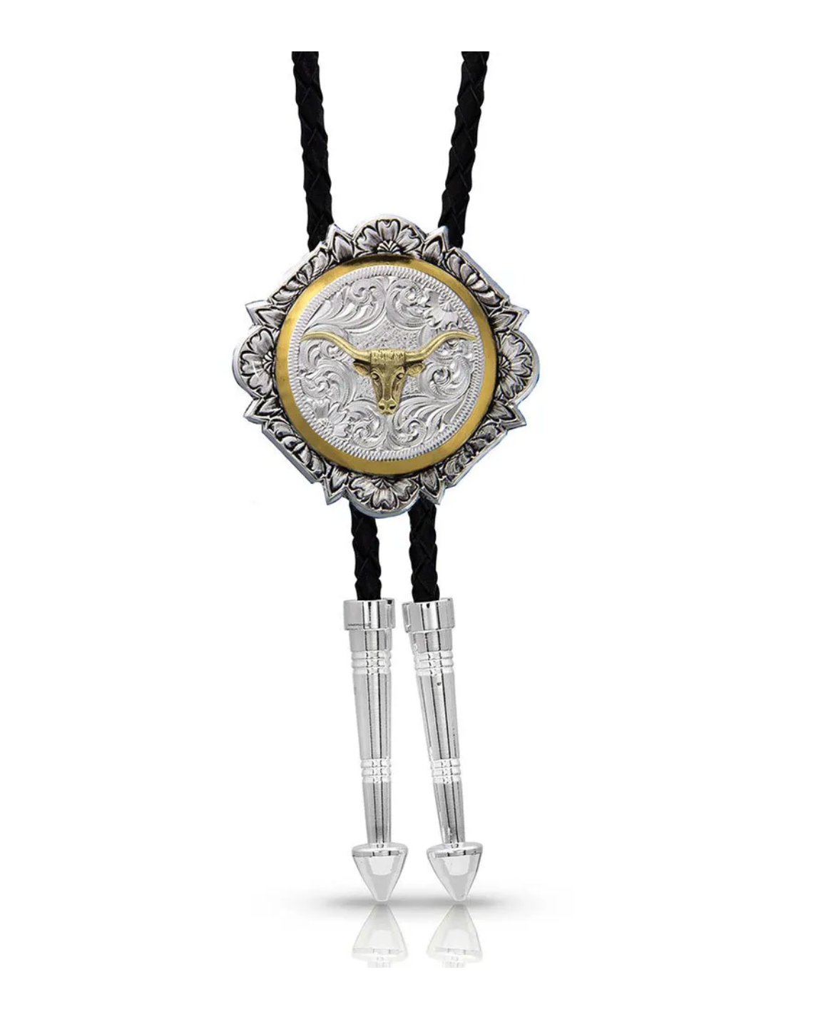 Silver & Gold Engraved Button Bolo Tie Buy at Boltranchstore.com montana silversmiths free shipping 