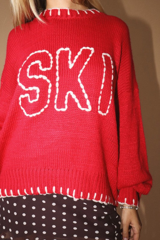 Ski Trimmed Red Knit Sweater  with a knitted ski and blanket stitch collar and hem at boltranchstore.com