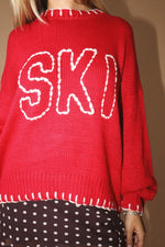 Ski Trimmed Red Knit Sweater  with a knitted ski and blanket stitch collar and hem at boltranchstore.com