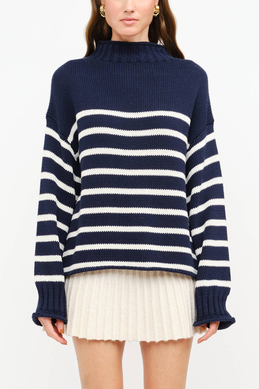 womens navy blue and white striped mock-neck knit sweater at Bolt Ranch Store made by Sofie the Label J Crew dupe 