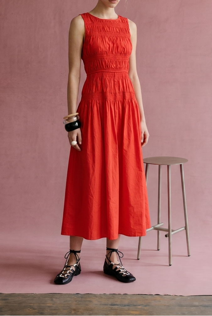 Sky Smocked Midi Dress at boltranchstore.com  with free shipping sleeveless, smocked-embroidered red midi dress with a gathered waist and flared skirt womens dress tank top dress in stock