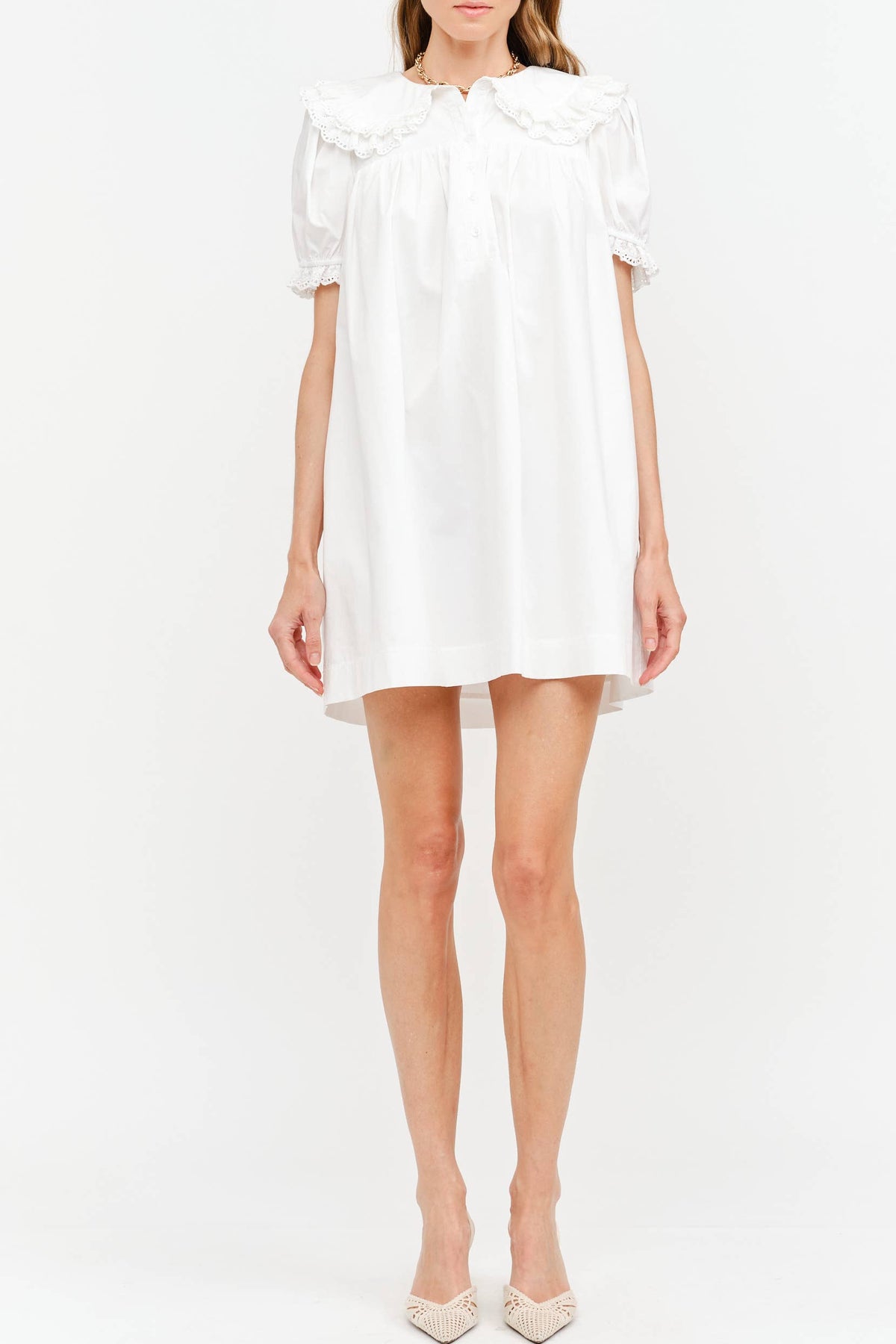 Skylar Mini Babydoll Dress a mini dress with peterpan eyelet collar at boltranchstore.com