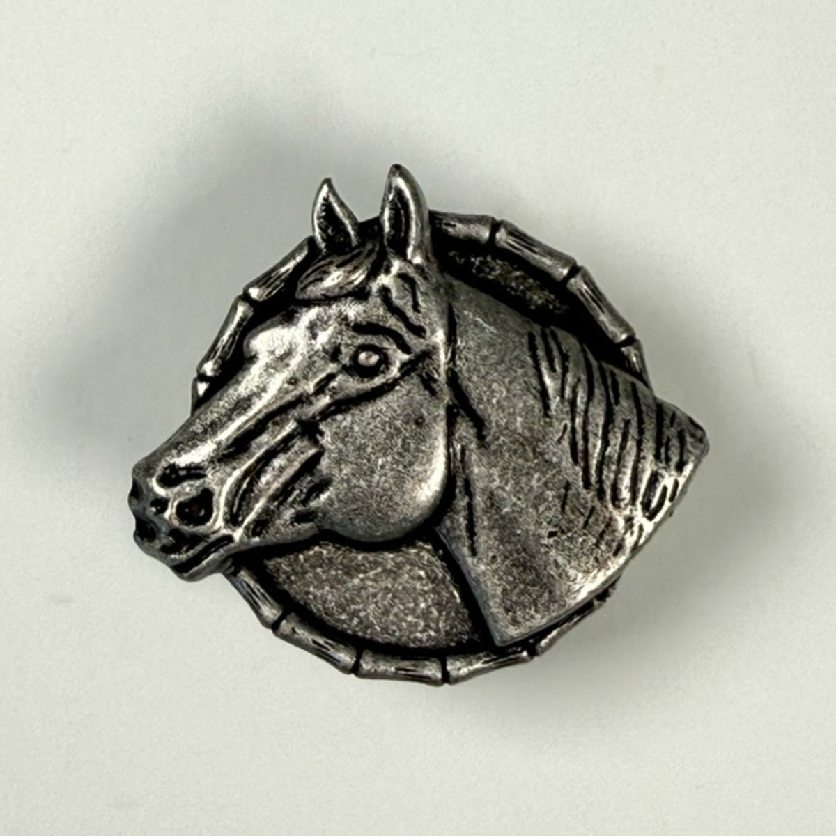 Fringe Slide Horse Showy Silver silver horse head framed by a horseshoe inspired border womens western boutique Utah SKU SLDEHSSLV26137