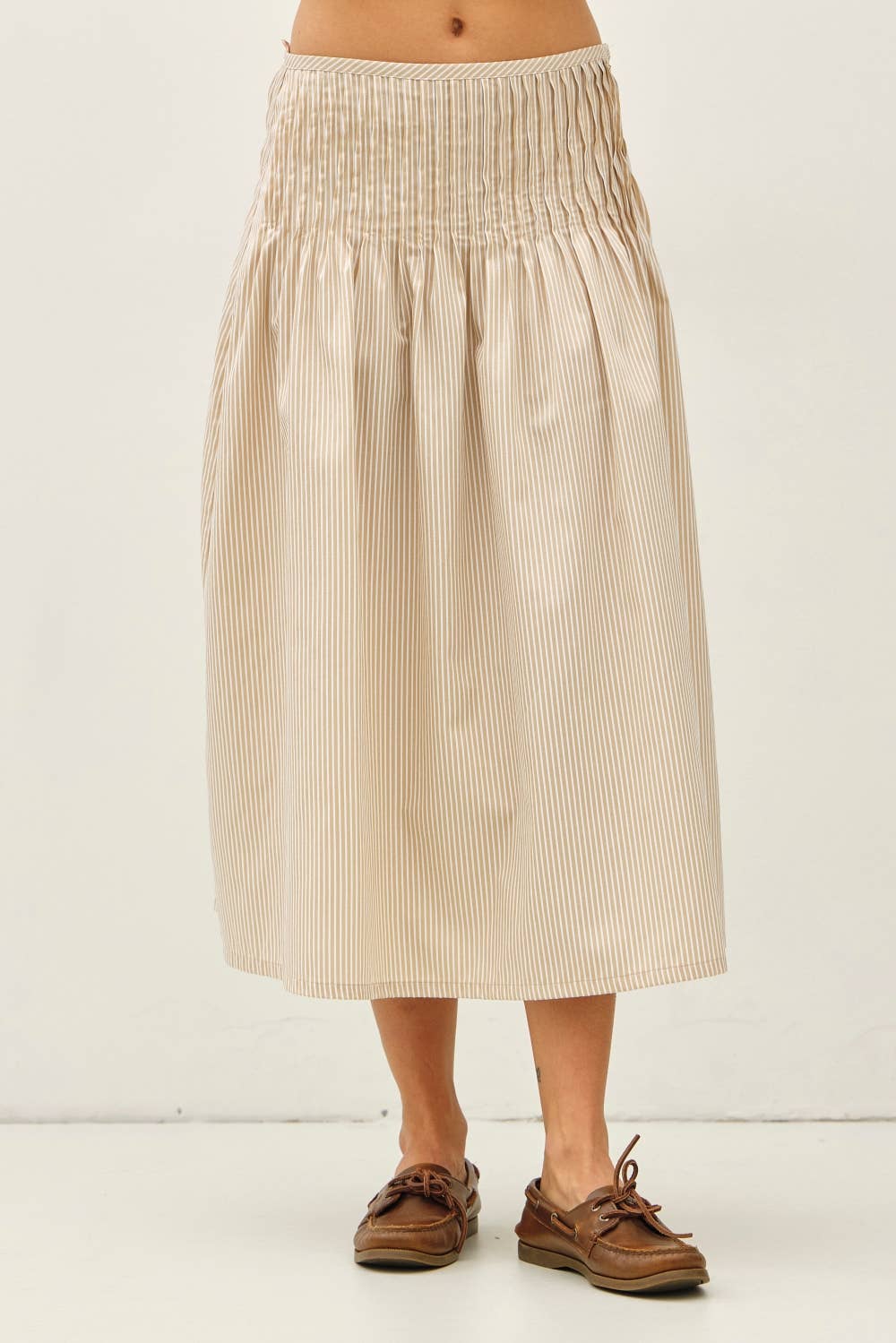 Sloane Latte Skirt a gathered skirt with verticle latte and white pin stripes throughout at boltranchstore.com womens casual everyday skirt cute