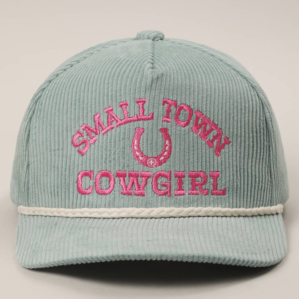 Small Town Cowgirl Corduroy Trucker Hat a sage color with pink embroidery Small Town Cowgirl at boltranchstore.com