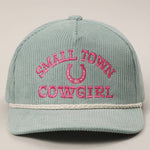 Small Town Cowgirl Corduroy Trucker Hat a sage color with pink embroidery Small Town Cowgirl at boltranchstore.com