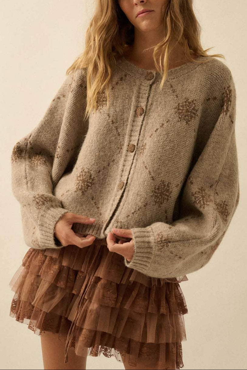 Snowflake Dolman Cardigan tan womens cardigan sweater button down brown jacquard UJC0870 free shipping Boltranchstore.com 