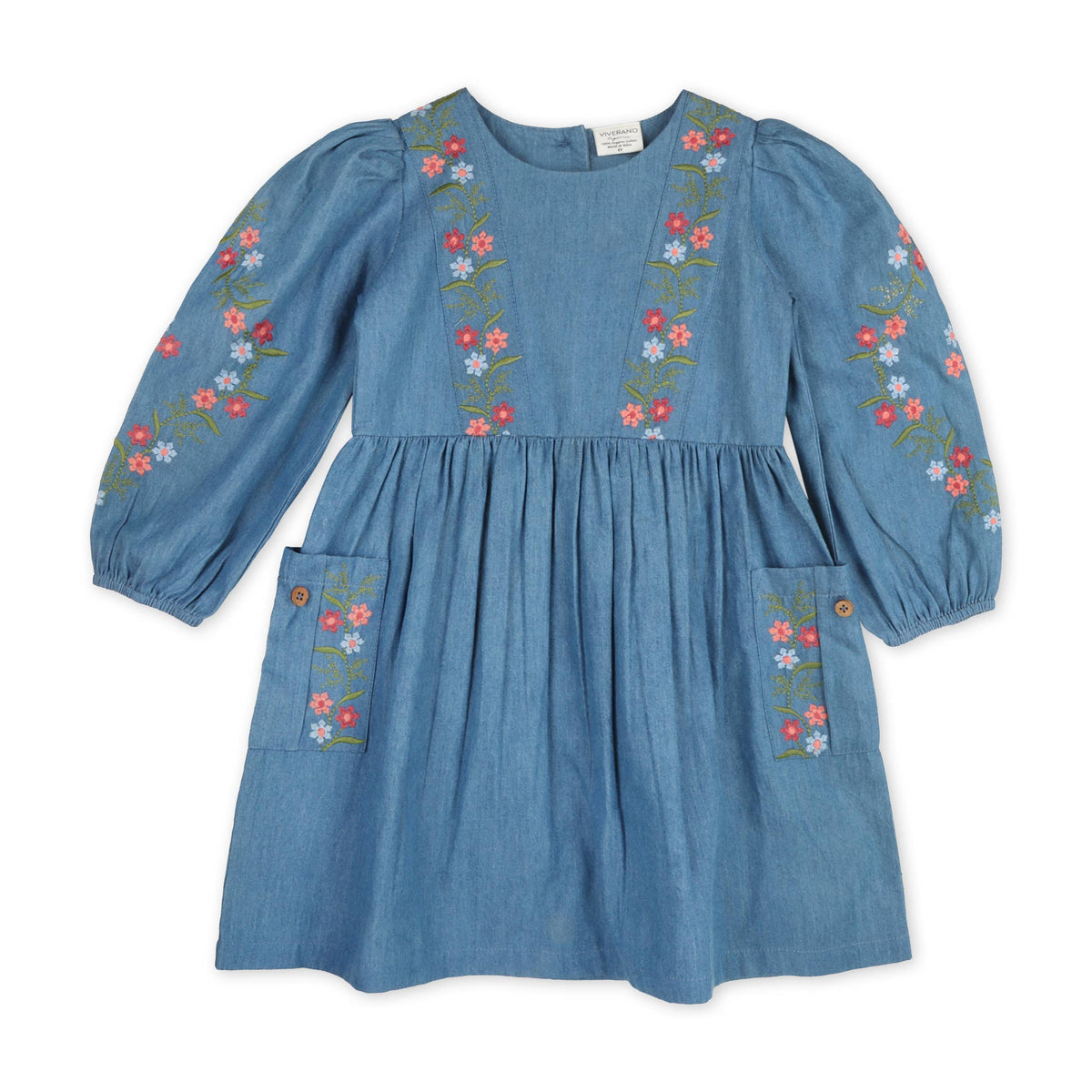 Sophie Floral Embroidered Denim Dress shop at boltranchstore.com Blue dress with floral embroidery on a white background