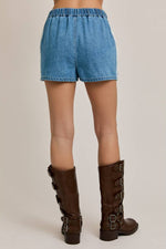 Womens sophie lace trim denim shorts by Le Lis teenage girl youth womens jean shorts elastic waist casual and lace trim at Boltranchstore.com