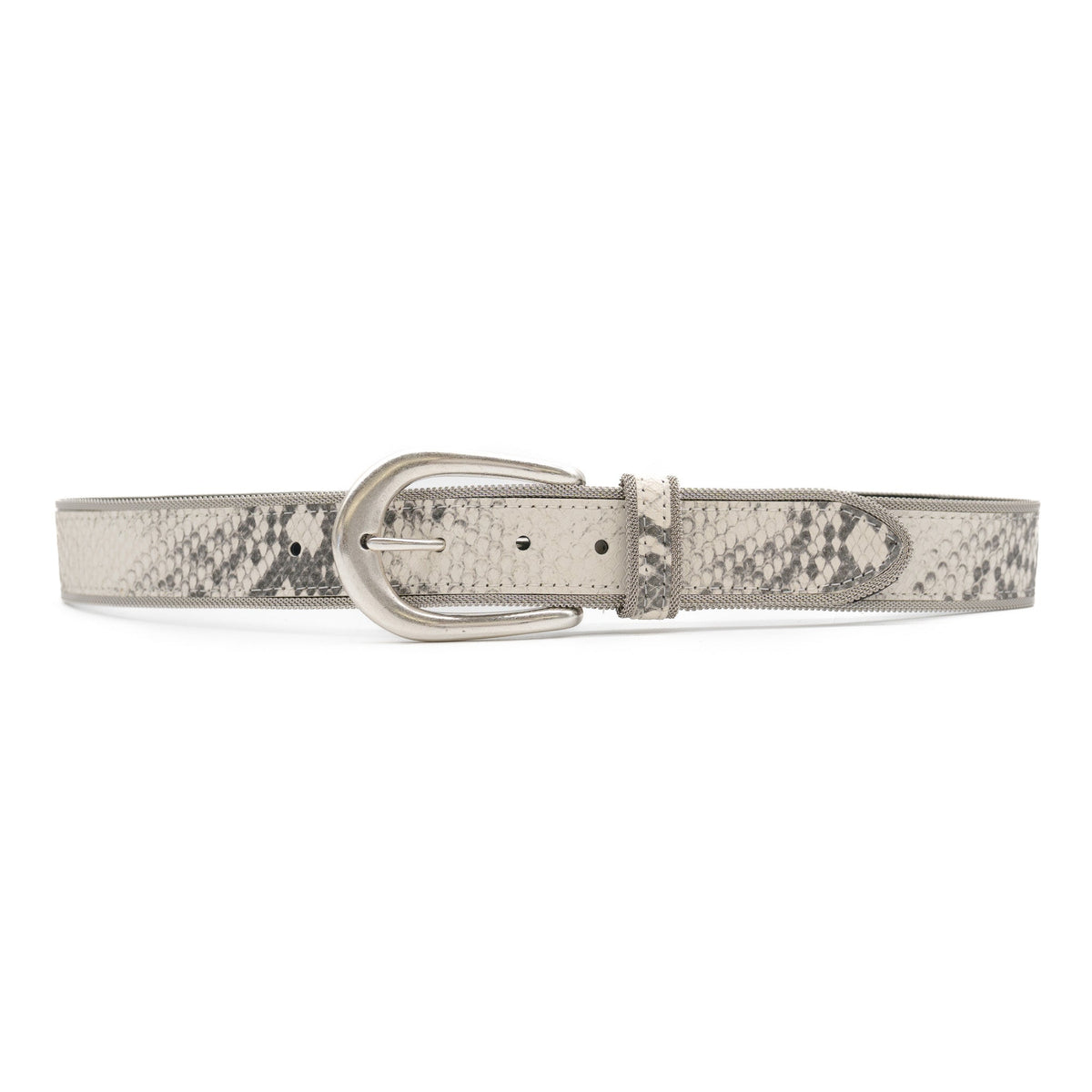 The Sorella Belt blends python-embossed Italian leather with a sculpted silver buckle and metal mesh trim for a refined modern edge The contrast of texture and shine makes this a standout belt at boltranchstore.com