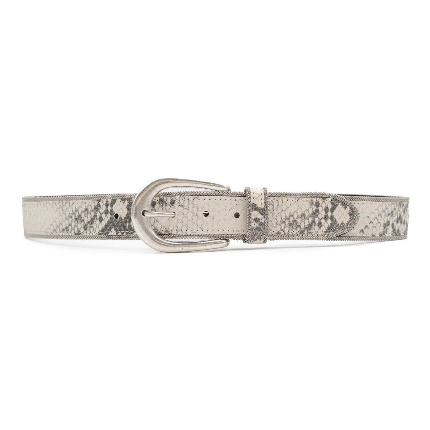 The Sorella Belt blends python-embossed Italian leather with a sculpted silver buckle and metal mesh trim for a refined modern edge The contrast of texture and shine makes this a standout belt at boltranchstore.com