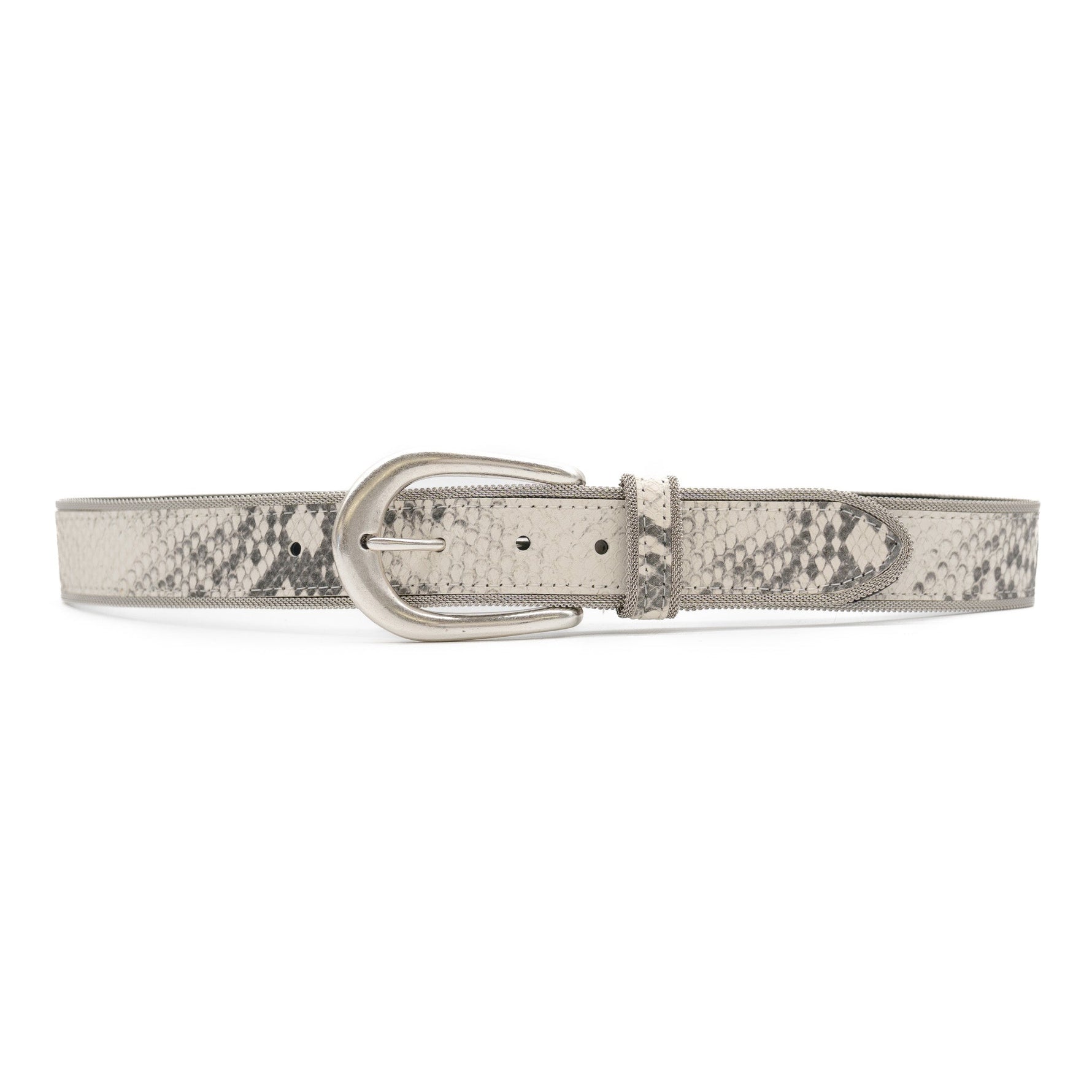 The Sorella Belt blends python-embossed Italian leather with a sculpted silver buckle and metal mesh trim for a refined modern edge The contrast of texture and shine makes this a standout belt at boltranchstore.com