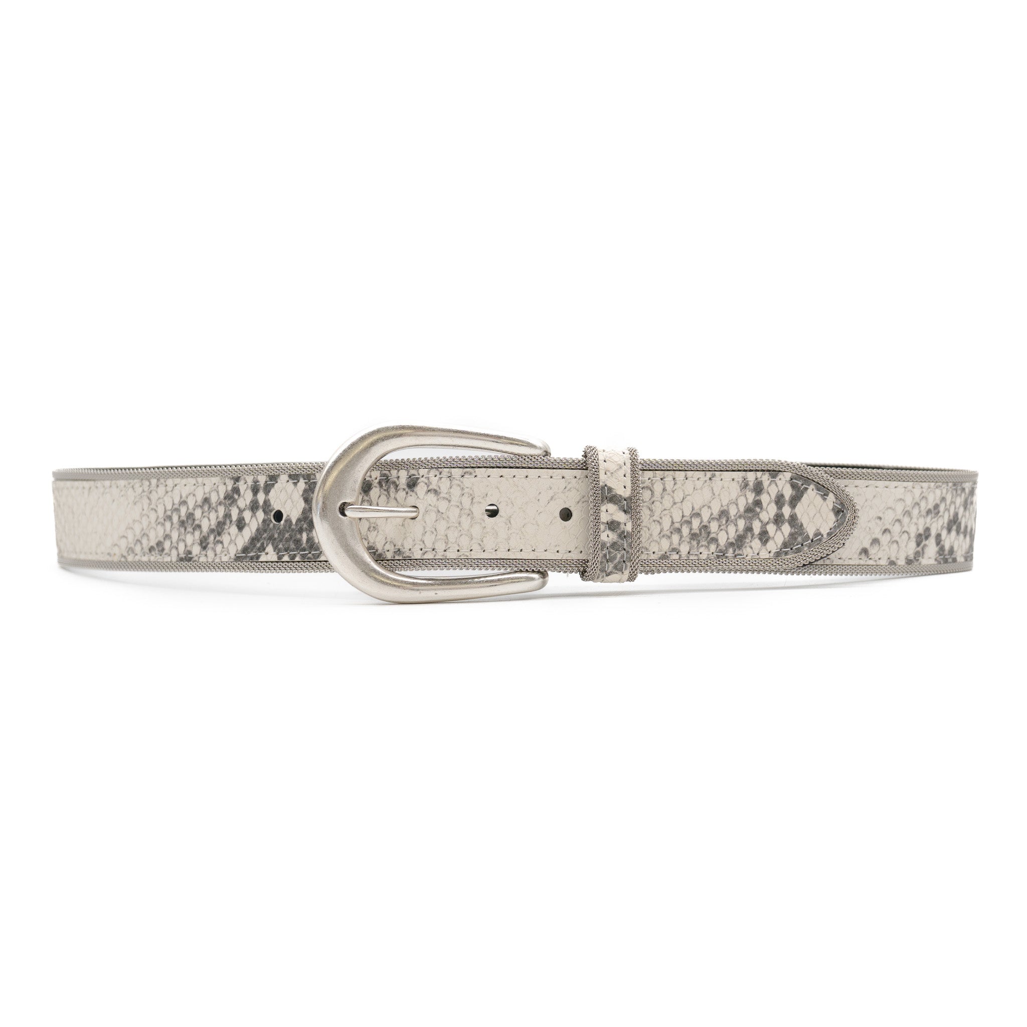 The Sorella Belt blends python-embossed Italian leather with a sculpted silver buckle and metal mesh trim for a refined modern edge The contrast of texture and shine makes this a standout belt at boltranchstore.com