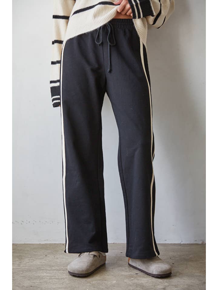 Sporty Cotton Drawstring Pants with a cream side contrast in both navy or black at boltranchstore.com